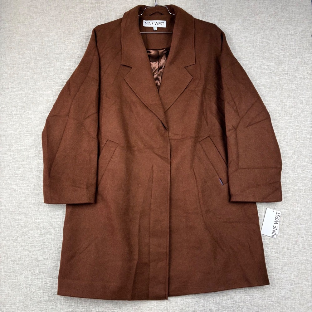 Nine West Womens XXL Brown Open Front Notched Lapel Lined Overcoat New